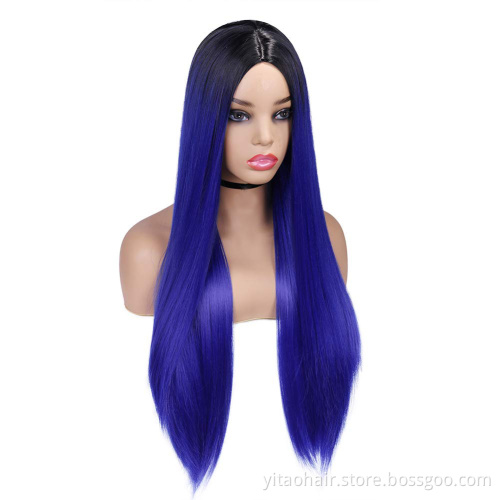 Ombre Blue Wig Long Straight Colored Synthetic Hair Wigs for Black Women Natural Heat Resistant Party Cosplay Costume Wig